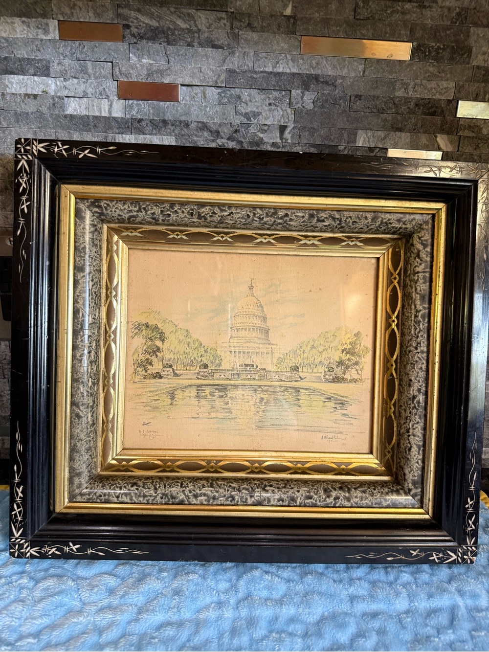 Antique 1932 J.Hillelhuber Capitol Watercolor in Eastlake Ornate Gilded Frame